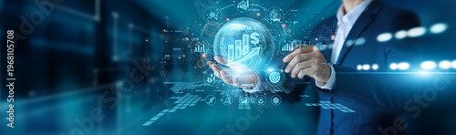 Tableau sur toile Sales manager hand hold graph global Increase Sales touch revenue target growth