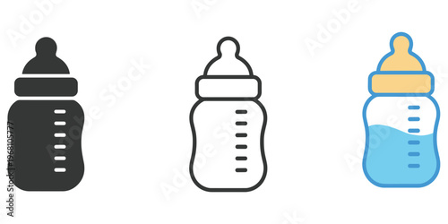 Three Baby Bottles in Black Outline Gray and Blue Color feeding bottle milk bottle