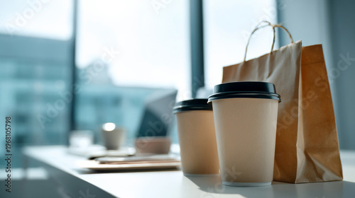Medium shot of takeaway coffee cups and paper bags placed on modern office desk, bright corporate interior, natural daylight, clean commercial composition elegant template