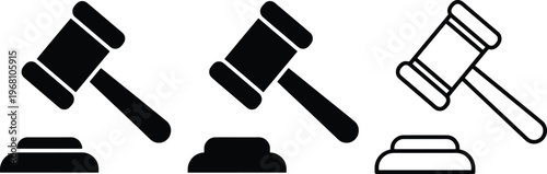 Black and white gavel and sound block icons  various styles and colors  isolated on transparent background