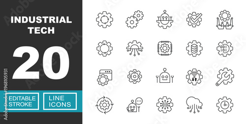 Industrial Tech icon set. Includes gears process, automation robot, mechanical system, machine efficiency, maintenance and support. Editable stroke line icons.