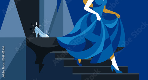 A flat vector illustration depicting only the lower half of Cinderella in a swirling blue ballgown, running down grand, minimalist castle stairs. Behind her, a single, sparkling glass slipper sits on 