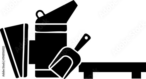 Black fumigator and scoop tool with tray vector illustration.