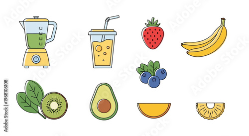 Healthy Smoothie Ingredients and Blender Illustrated on White Background