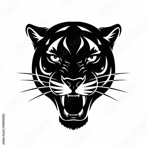 Detailed illustration of a fierce tiger's face with whiskers and sharp fangs.