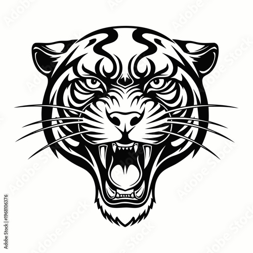 A fierce tiger head with whiskers stares aggressively forward in a menacing snarl.