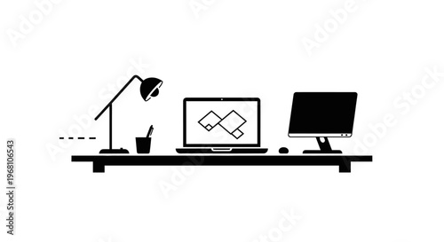 Minimalist monochrome workstation design featuring laptop, desktop, and lamp setup illustration