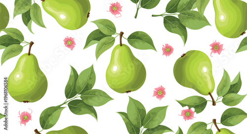 Hand-Drawn Pear and Flower Illustration Set with Green Pears, Leaves, and Pink Blossoms for Fresh and Organic Designs