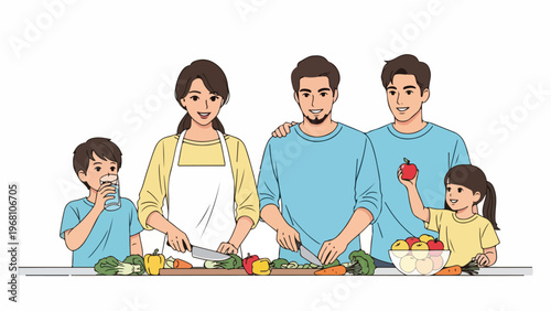A joyful family portrait illustrating healthy lifestyles as parents and children collaboratively prepare fresh, nutritious meals and enjoy wholesome food for improved well-being and bonding