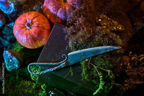 knife sits on a black box surrounded by pumpkins and moss. Various decorative items are scattered around. scene has a low light setting with colored lighting effects
