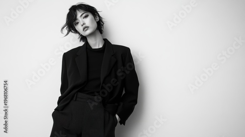 Elegant Portrait of a Fashionable Young Woman in a Black Suit Against a Minimalist White Background Capturing Confidence and Style