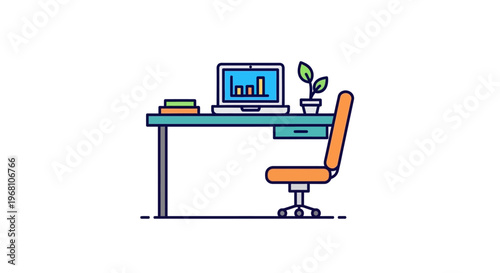 Minimalistic illustration of a workplace desk setup with a laptop and a chair