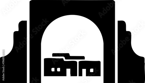 Black silhouette archway framing village houses with windows on transparent background gateway to settlement symbol.