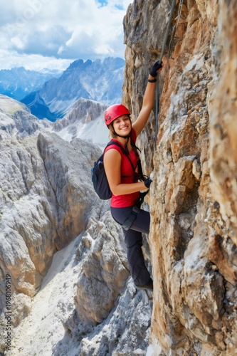 Woman enjoying via ferrata climbing in dolomites mountains
