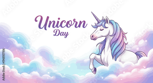 Magical Unicorn Day celebration with a graceful creature amidst pastel clouds, embodying fantasy and enchantment for a whimsical event