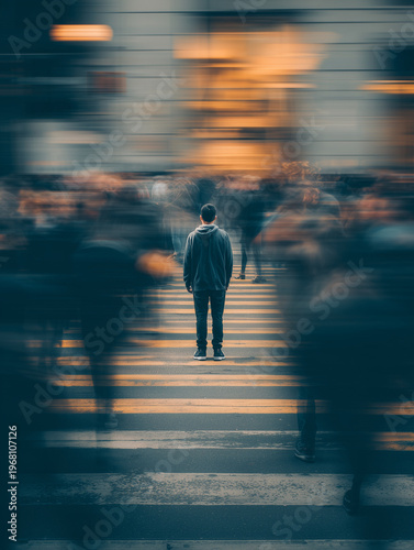 AI-generated image of a lone man standing still in the center of a busy city crosswalk with a blurred crowd moving around him, symbolizing isolation in a fast-paced urban world.