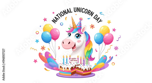 A cheerful and colorful cartoon unicorn celebrating a special day with festive birthday cakes, vibrant balloons, and sparkling confetti, perfect for joyful occasions