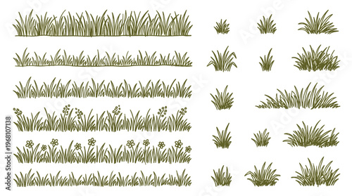 Spring nature botanical decorative elements set, hand drawn whimsical sketch, green pastures, meadows, forests, and flowers