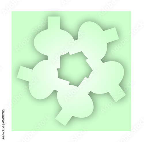 Soft green abstract shapes forming a circular pattern with overlapping geometric silhouettes, creating a calm, modern, minimal artistic background composition
