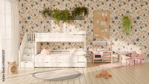 childrens bedroom features a loft bed with a soft mattress, a small table with chairs, and plush toys scattered on the floor. Decorative plants hang near the window. 3d render