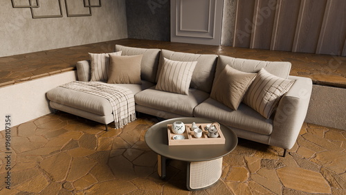 sectional sofa with soft pillows sits in a living room. coffee table holds decorative items. Stone flooring adds texture. Natural light fills the space from nearby windows. 3d render