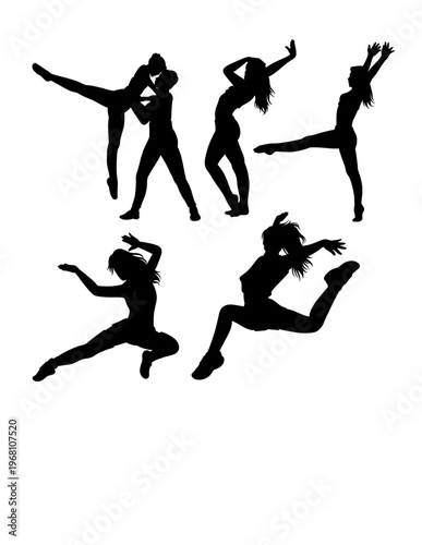 Dancing and jumping sport training silhouette. Black  male and female pose performance