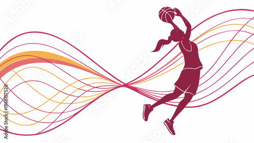 Dynamic vector graphic illustration of a female basketball player leaping powerfully with a basketball, showcasing athletic skill and competitive spirit.