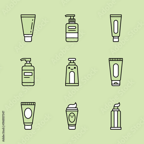 Collection of white plastic detergent bottles for household cleaning and laundry with cute smiling blue mascot icon