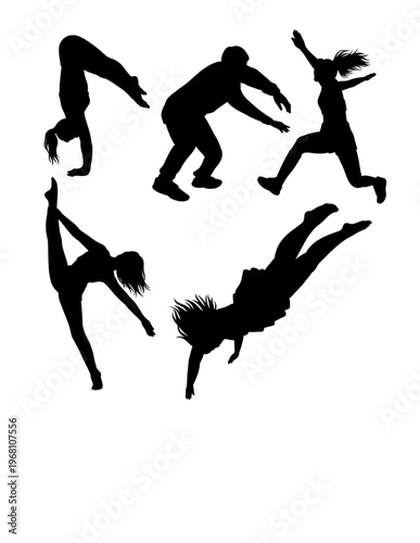 Dancing and jumping sport training silhouette. Black  male and female pose performance
