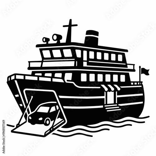 RO-RO car ferry icon in minimalist black and white. Features the iconic open ramp door for vehicle loading, representing maritime logistics, car transport, and island-to-island connectivity.
 