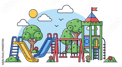 Vibrant cartoon playground with swings, slides, and a castle-themed play structure surrounded by trees and clouds