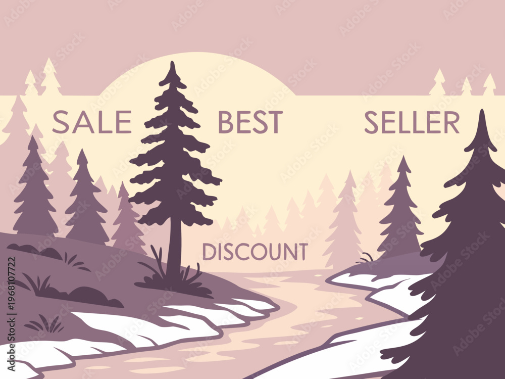 Fototapeta premium Promotional vector graphic illustration of a calm winter forest scene with pine trees and snow, highlighting 'SALE BEST SELLER DISCOUNT' messaging.
