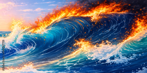 An abstract beautiful sunset where burning red fire and orange flames dance in blue water under a dark smoke cloud at dusk