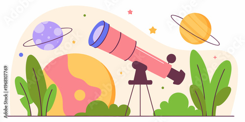 A vibrant vector illustration depicting a large pink telescope aimed at celestial bodies and planets, surrounded by lush green foliage.