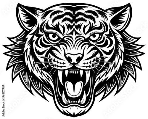 A black and white vector illustration of a tiger's head with an open mouth and sharp teeth showing aggression