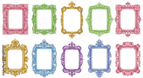 A collection of ornate and decorative vintage picture frames in a variety of colors and styles