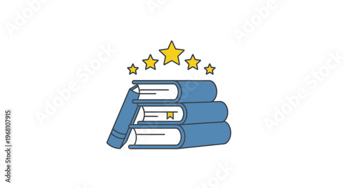 Illustrated books stack with star icons indicating high ratings and quality reading