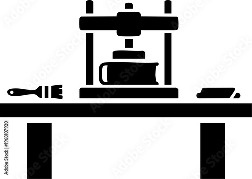 Black silhouette of book press and tools on table bookbinding equipment for craft and hobby illustration.