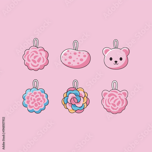 Set of pink skincare and cosmetic packaging bottles with cute smiling facial cream mascot character