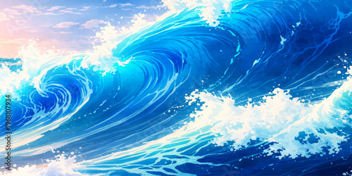 A deep blue water wave ripples across the vast summer ocean under a clear sky where sunlight reflects off the horizon between clouds and nature