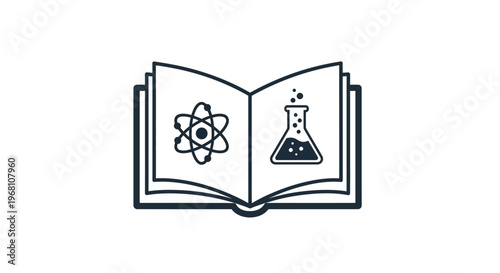 Illustrated open book featuring atomic structure and laboratory flask in a scientific concept