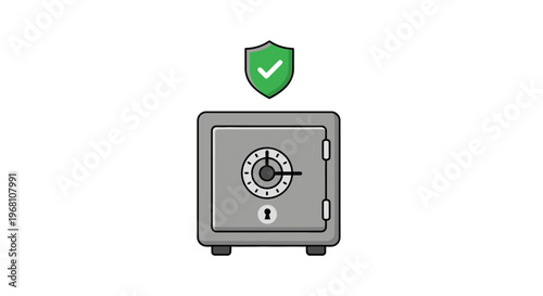 Illustration depicting a secure safe with a shield and a checkmark symbol representing protection