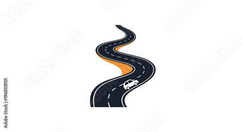 Illustration of a winding road with a car symbolizing travel and journey on white background