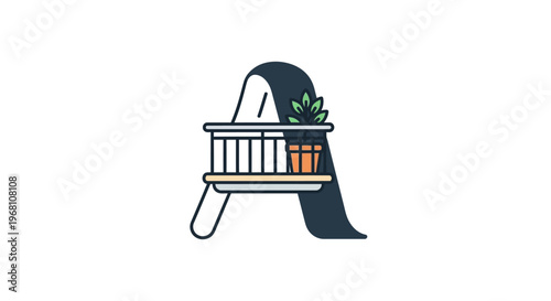Illustration of the letter 'A' with a balcony and potted plant, minimalist design style