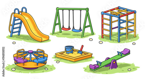 A colorful collection of playground equipment, including a slide, swings, sandbox, merry-go-round, jungle gym, and seesaw, perfect for outdoor recreation and childhood fun