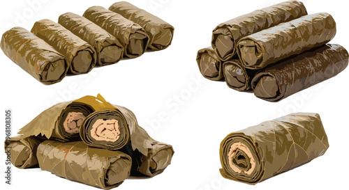 Hand-Drawn Rolled Food Illustration Set with Stuffed Grape Leaves, Vine Leaves, and Traditional Cuisine Designs