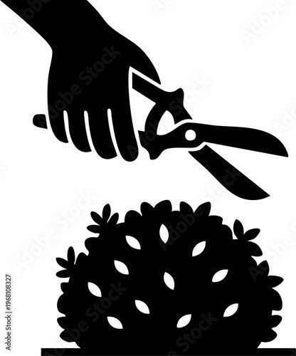 Black silhouette of hand holding scissors pruning green bush with leaves isolated on transparent background vector.