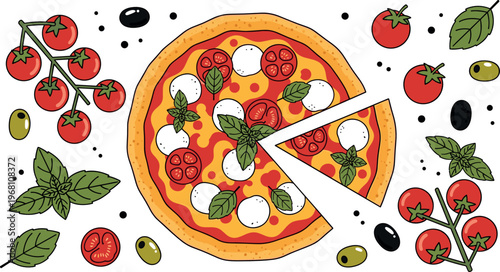 Hand-Drawn Pizza Illustration Set with Tomato, Basil, Mozzarella, and Olives for Food, Italian Cuisine, and Culinary Designs