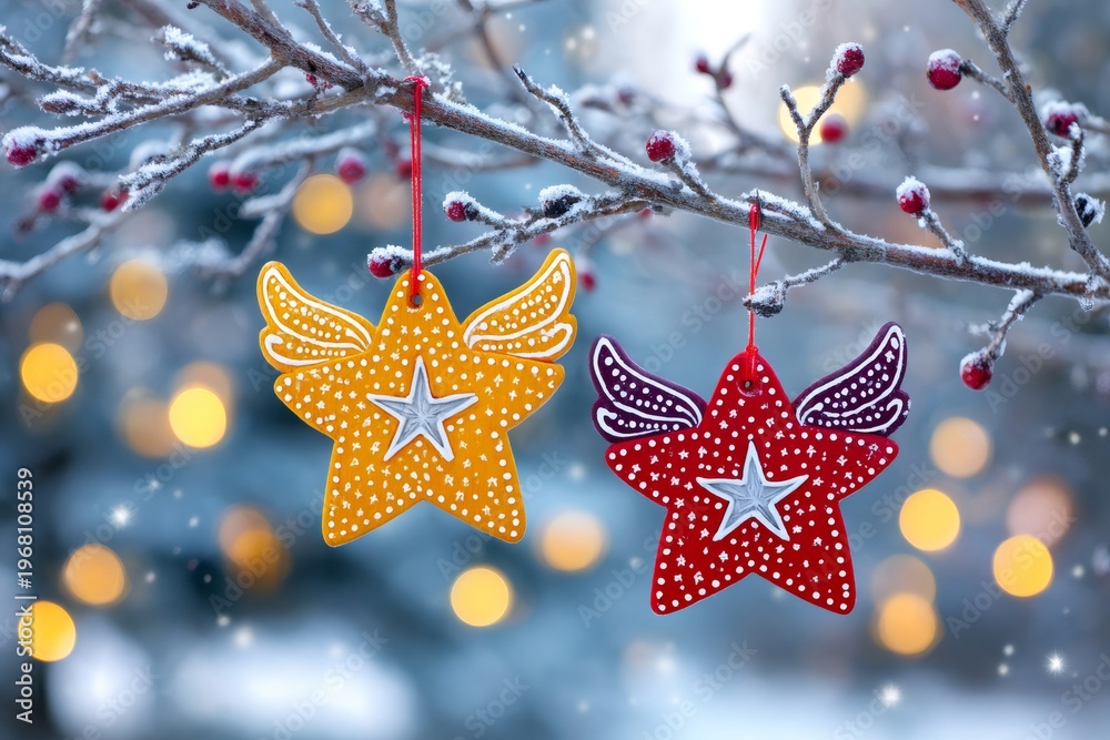 Fototapeta premium Christmas star ornaments hanging on frozen winter branch