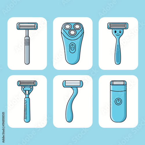 Collection of white plastic detergent bottles for household cleaning and laundry with cute smiling blue mascot icon